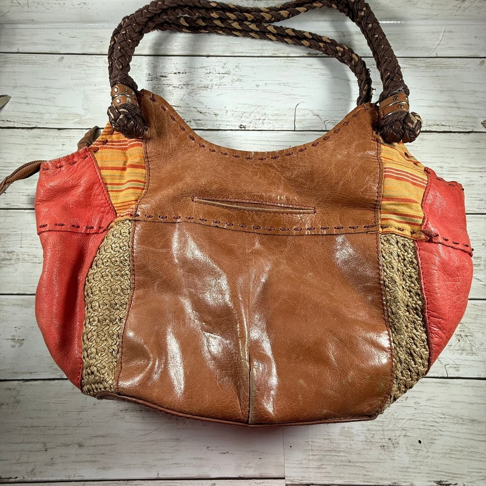 The Sak Patchwork Leather Straw Hobo Bag Brown Coral Braided Strap Boho Shoulder